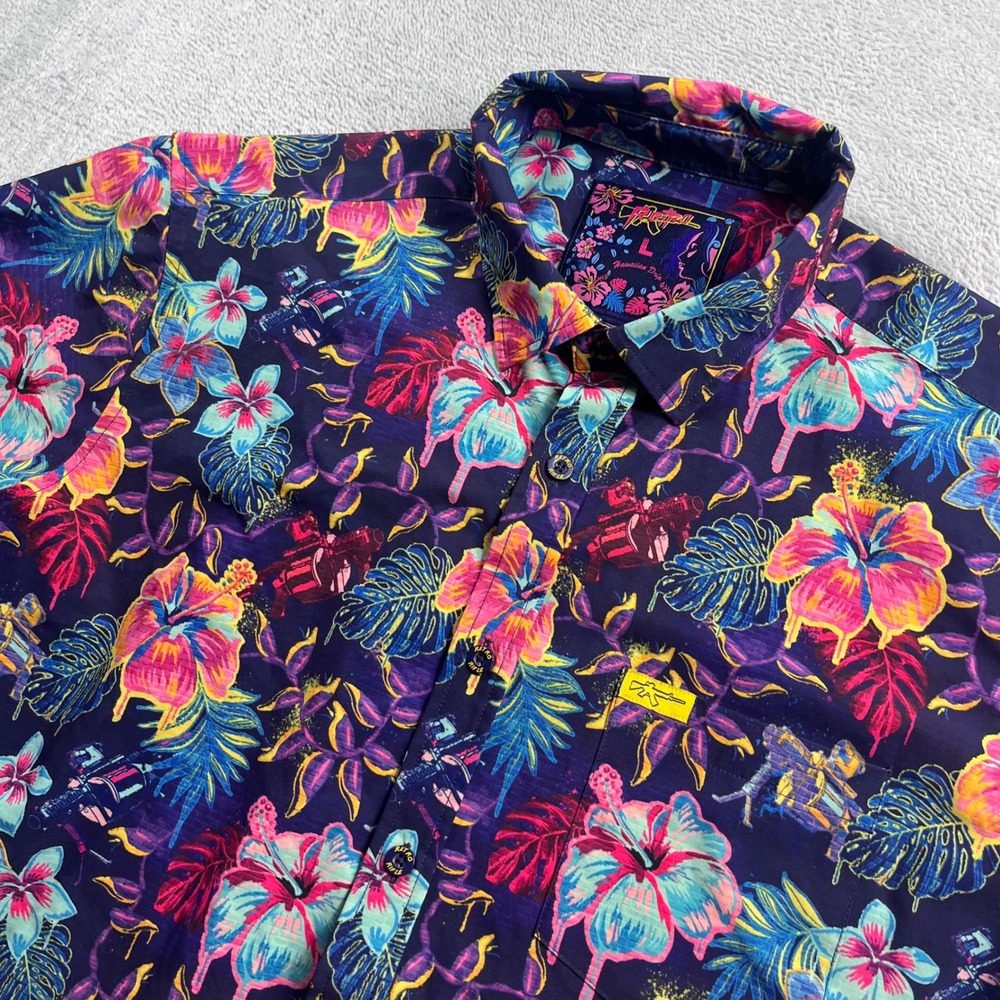 Retro Rifle Hawaiian Drip Mens Large Neon Tropical Floral Tactical Button Down